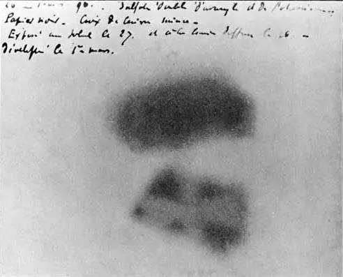 Figure 2.1: First photographic plate blackened by ”Becquerel rays”. It was
placed under a uranium salt on 26.02.1896 — by Henri Becquerel — source:
wikimedia